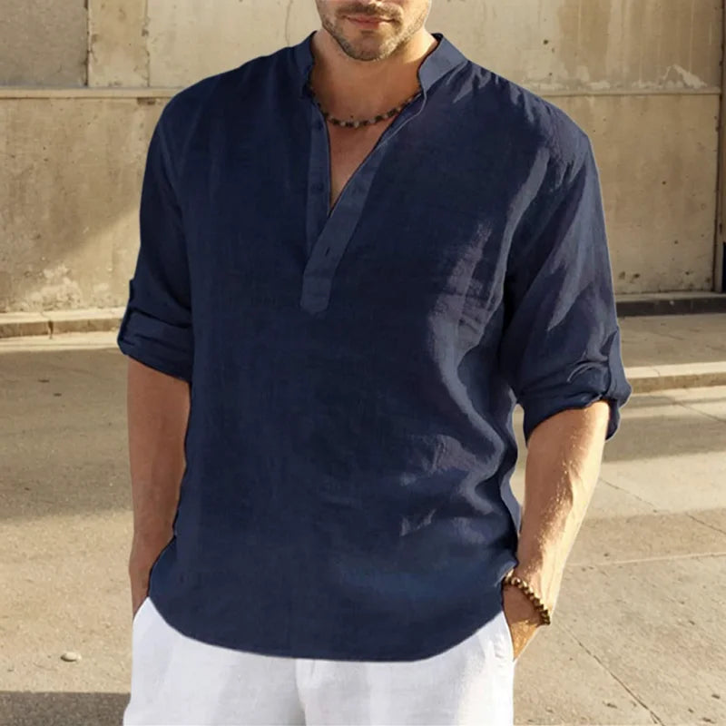 Casual Blouse Loose Men's Shirt Cotton Linen Fashion Stand Collar Pure Long Sleeve Tee Shirt Handsome Fitting Top Men's Wear