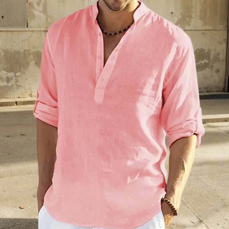 Casual Blouse Loose Men's Shirt Cotton Linen Fashion Stand Collar Pure Long Sleeve Tee Shirt Handsome Fitting Top Men's Wear