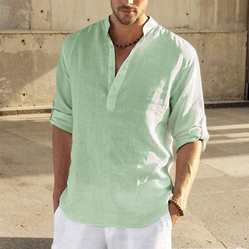 Casual Blouse Loose Men's Shirt Cotton Linen Fashion Stand Collar Pure Long Sleeve Tee Shirt Handsome Fitting Top Men's Wear