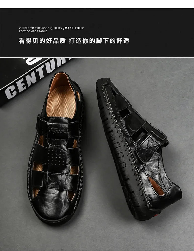 New Genuine Leather Men's Beach Large Size 38-48 Breathable Sandals Retro Handsewn Baotou Casual Fashion Handmade Shoes