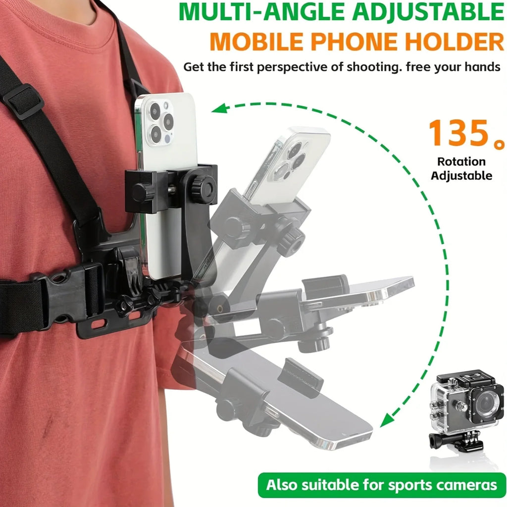 The chest strap phone stand is anti-shake and can be used for fixed-angle shooting on the chest. It is compatible with various m