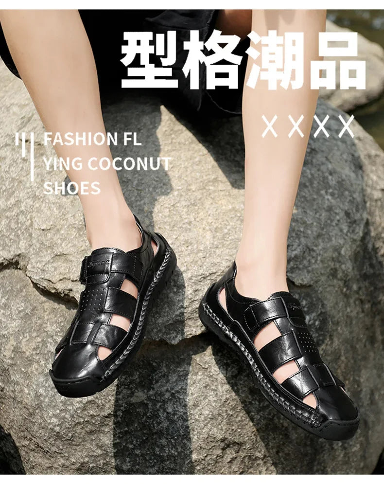 New Genuine Leather Men's Beach Large Size 38-48 Breathable Sandals Retro Handsewn Baotou Casual Fashion Handmade Shoes
