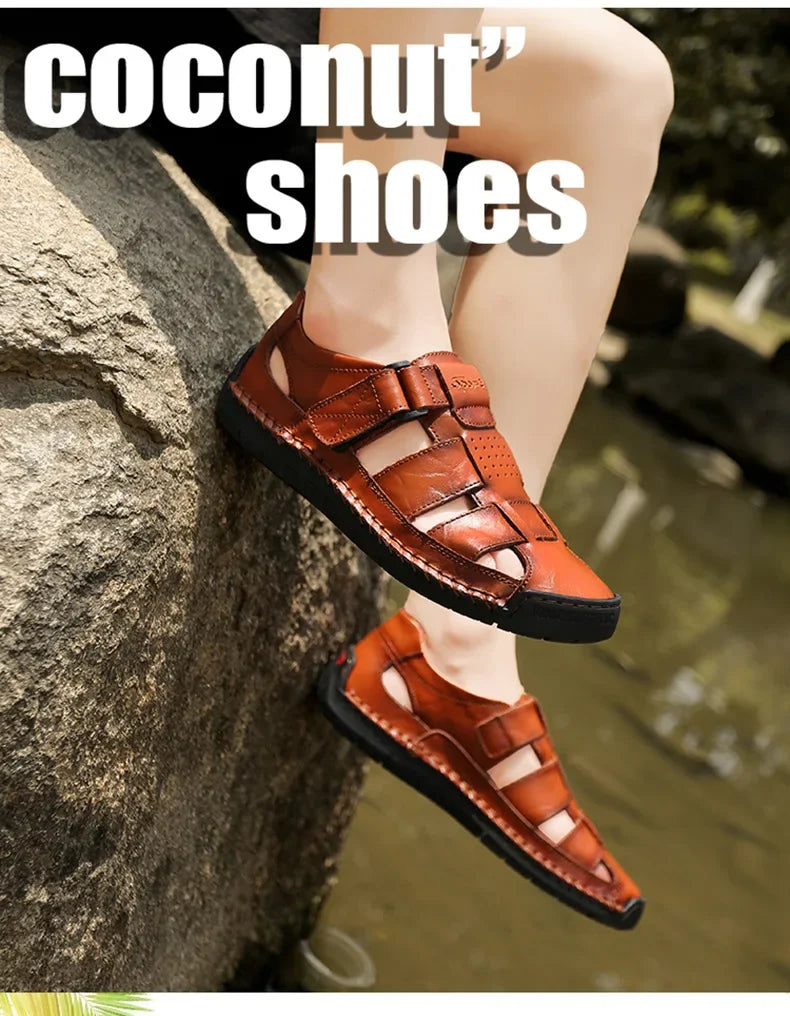 New Genuine Leather Men's Beach Large Size 38-48 Breathable Sandals Retro Handsewn Baotou Casual Fashion Handmade Shoes