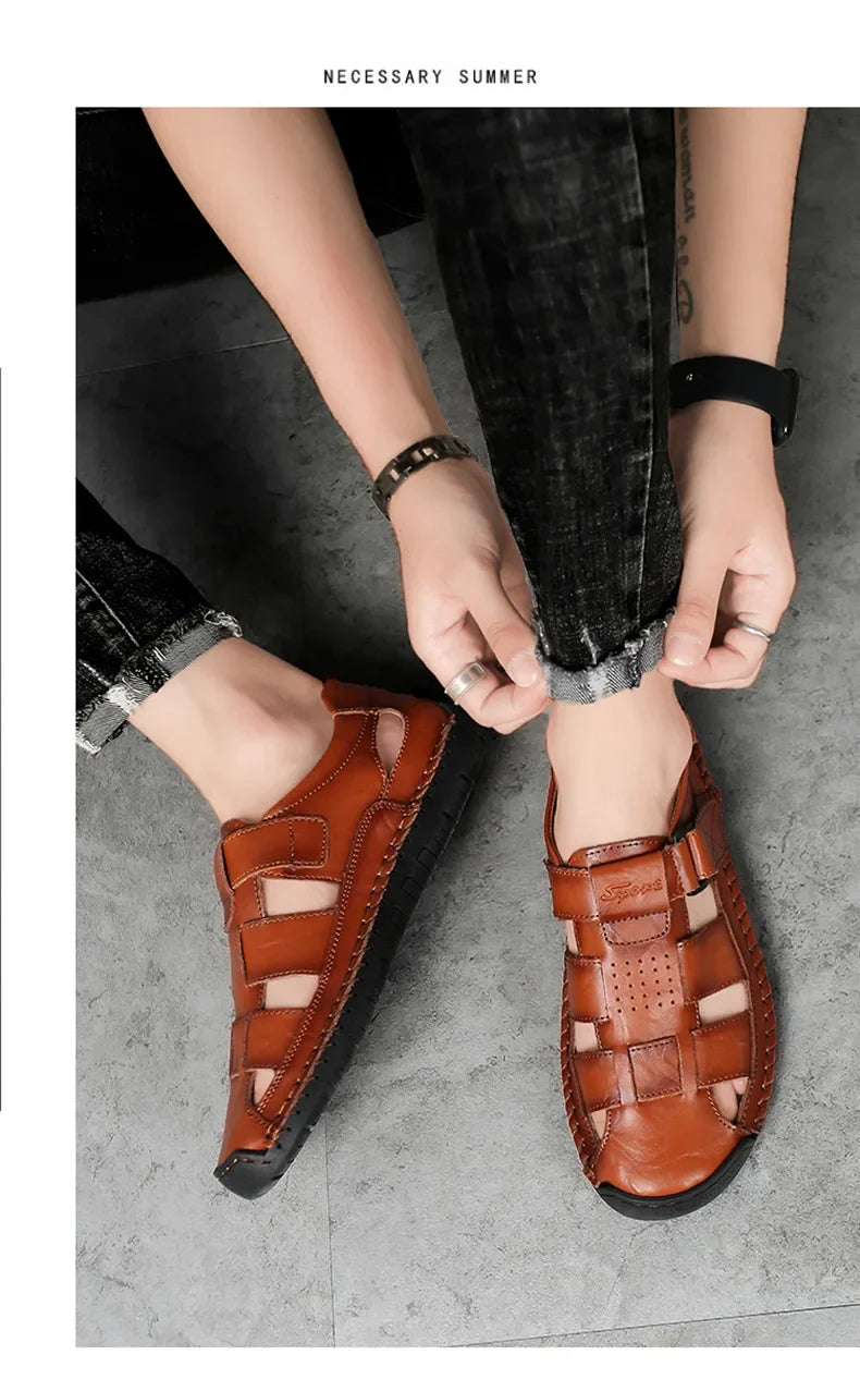 New Genuine Leather Men's Beach Large Size 38-48 Breathable Sandals Retro Handsewn Baotou Casual Fashion Handmade Shoes