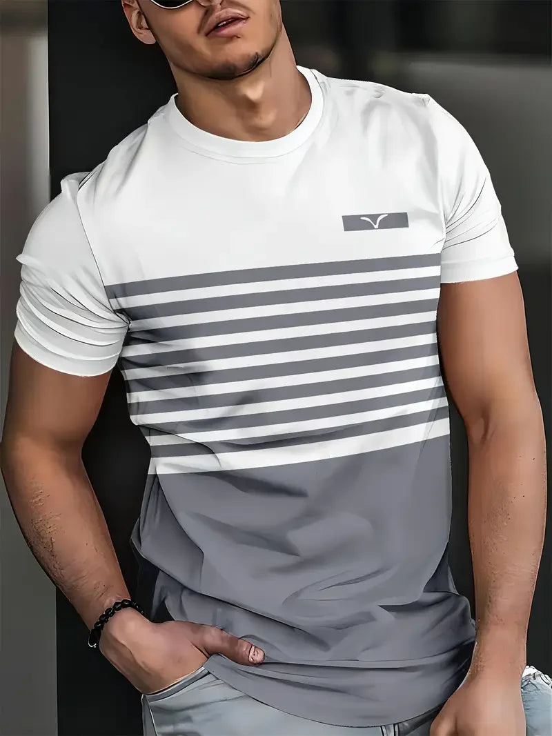Summer Classic Men's T-shirt Outdoor Round Neck Short Sleeve Top Stripe Print Street Loose T-Shirt Male Oversized Clothing
