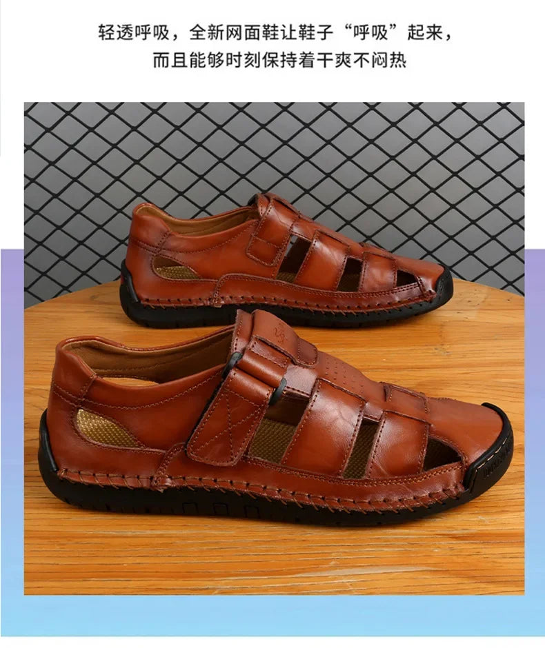 New Genuine Leather Men's Beach Large Size 38-48 Breathable Sandals Retro Handsewn Baotou Casual Fashion Handmade Shoes