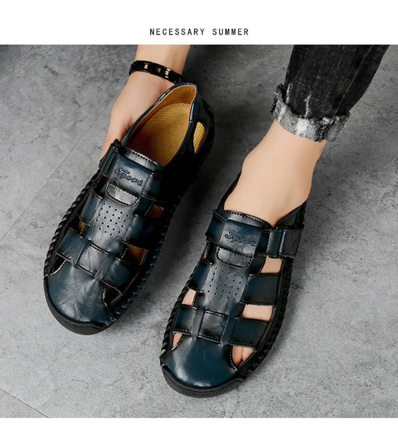 New Genuine Leather Men's Beach Large Size 38-48 Breathable Sandals Retro Handsewn Baotou Casual Fashion Handmade Shoes