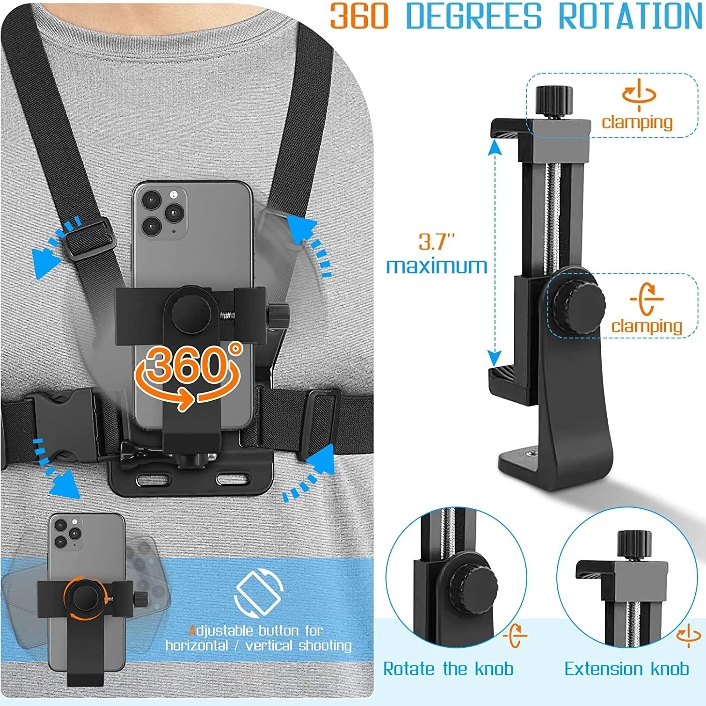 Adjustable 360 Rotation Phone Clip Holder With Chest Strap Bracket for Mobile Smartphone Action Camera Accessory