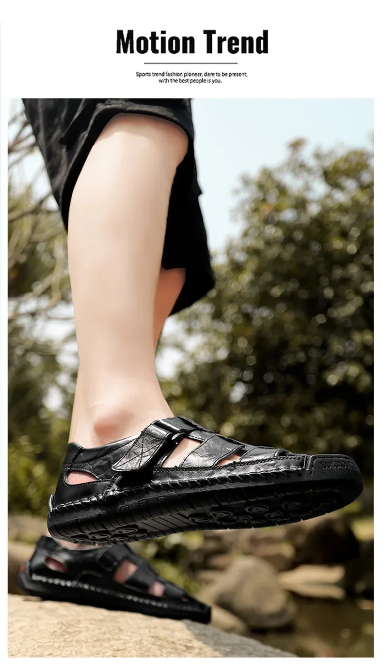 New Genuine Leather Men's Beach Large Size 38-48 Breathable Sandals Retro Handsewn Baotou Casual Fashion Handmade Shoes