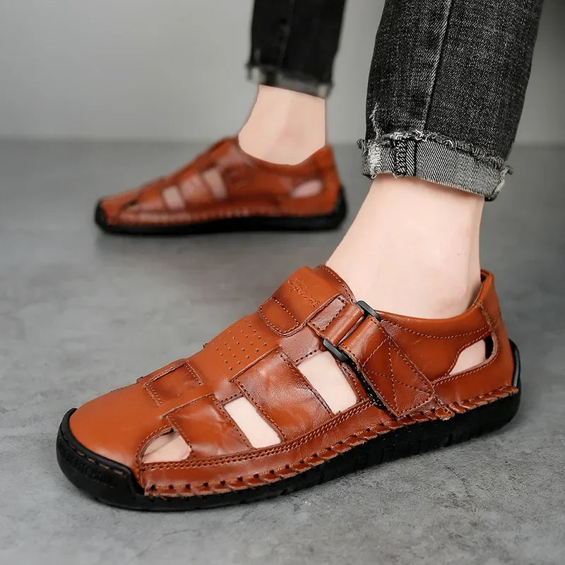 New Genuine Leather Men's Beach Large Size 38-48 Breathable Sandals Retro Handsewn Baotou Casual Fashion Handmade Shoes