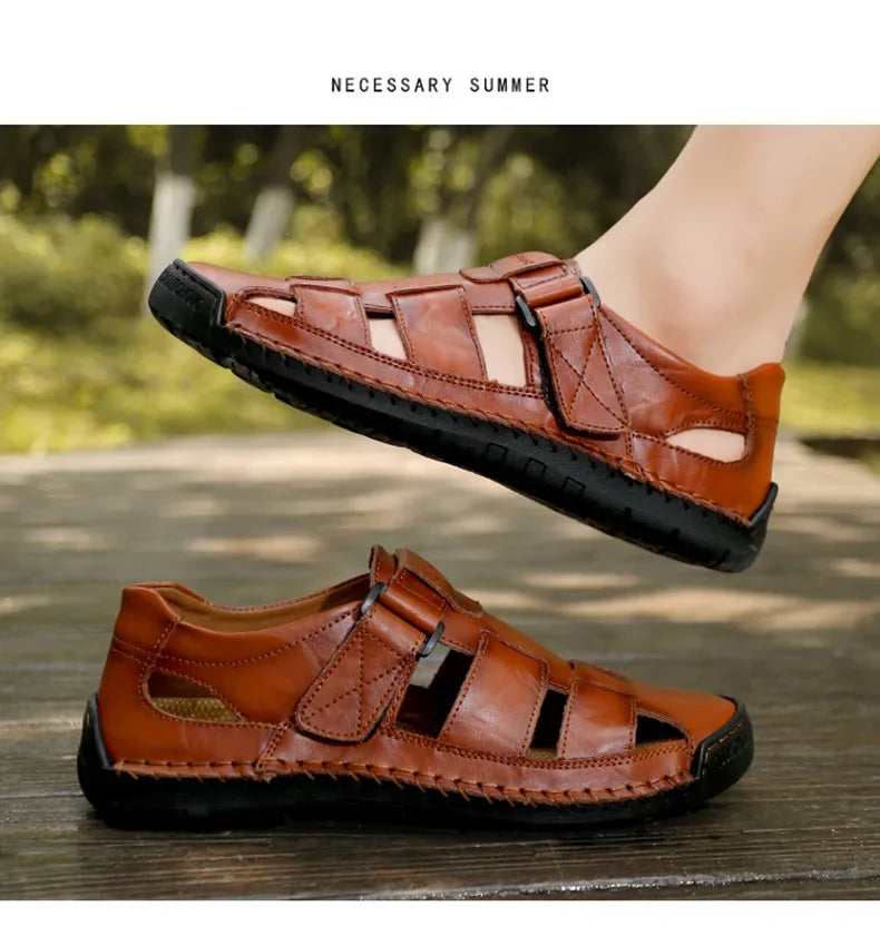 New Genuine Leather Men's Beach Large Size 38-48 Breathable Sandals Retro Handsewn Baotou Casual Fashion Handmade Shoes