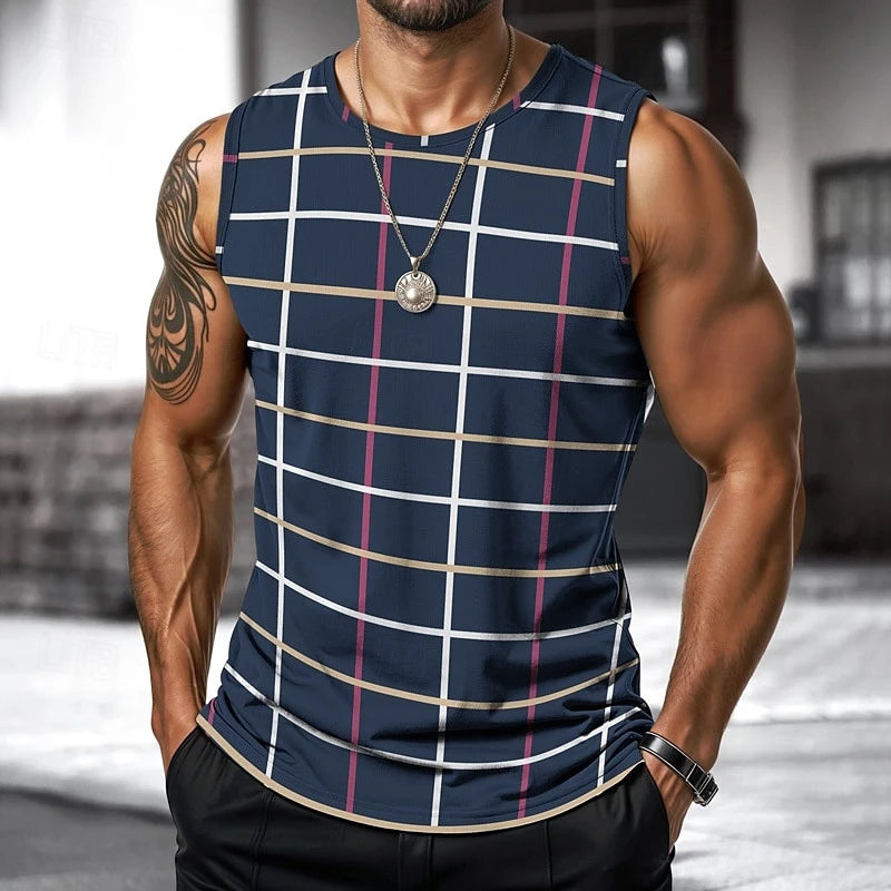 Retro Men's Vest Top 3D Print Plaid Striped Graphic Sleeveless Shirt Crew Neck Loose Streetwear Summer Fashion Casual Tank Tops