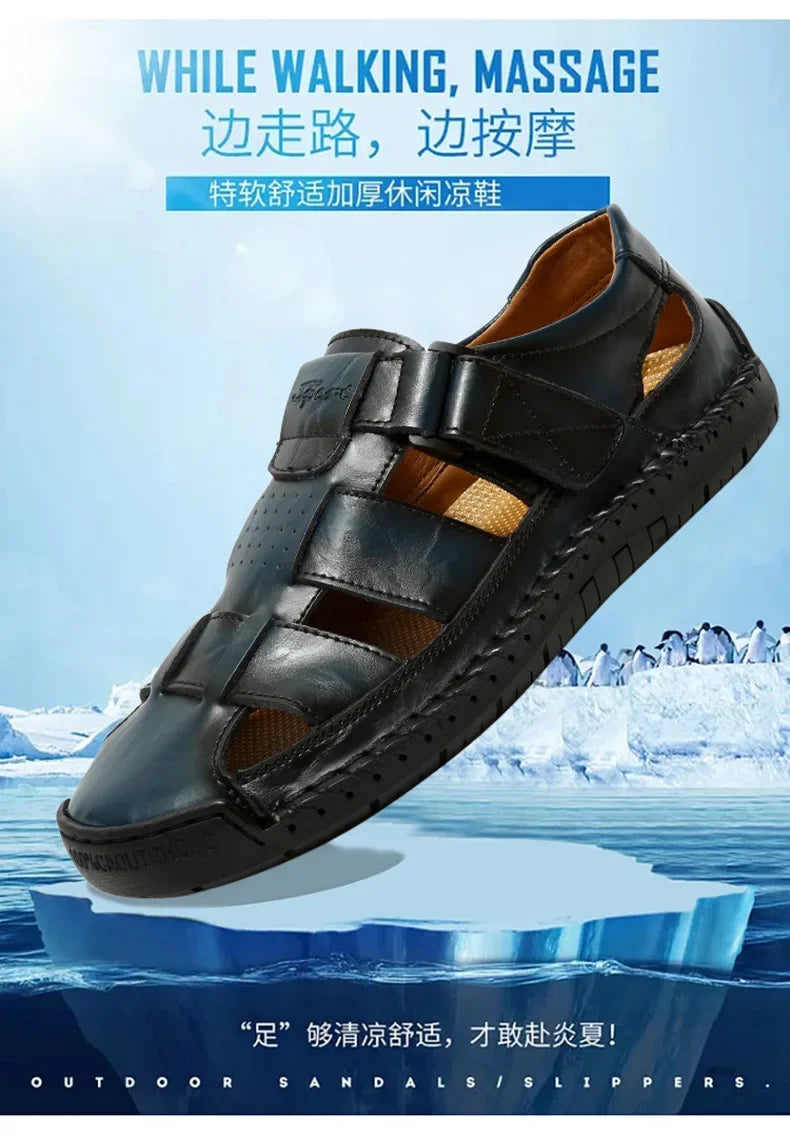 New Genuine Leather Men's Beach Large Size 38-48 Breathable Sandals Retro Handsewn Baotou Casual Fashion Handmade Shoes