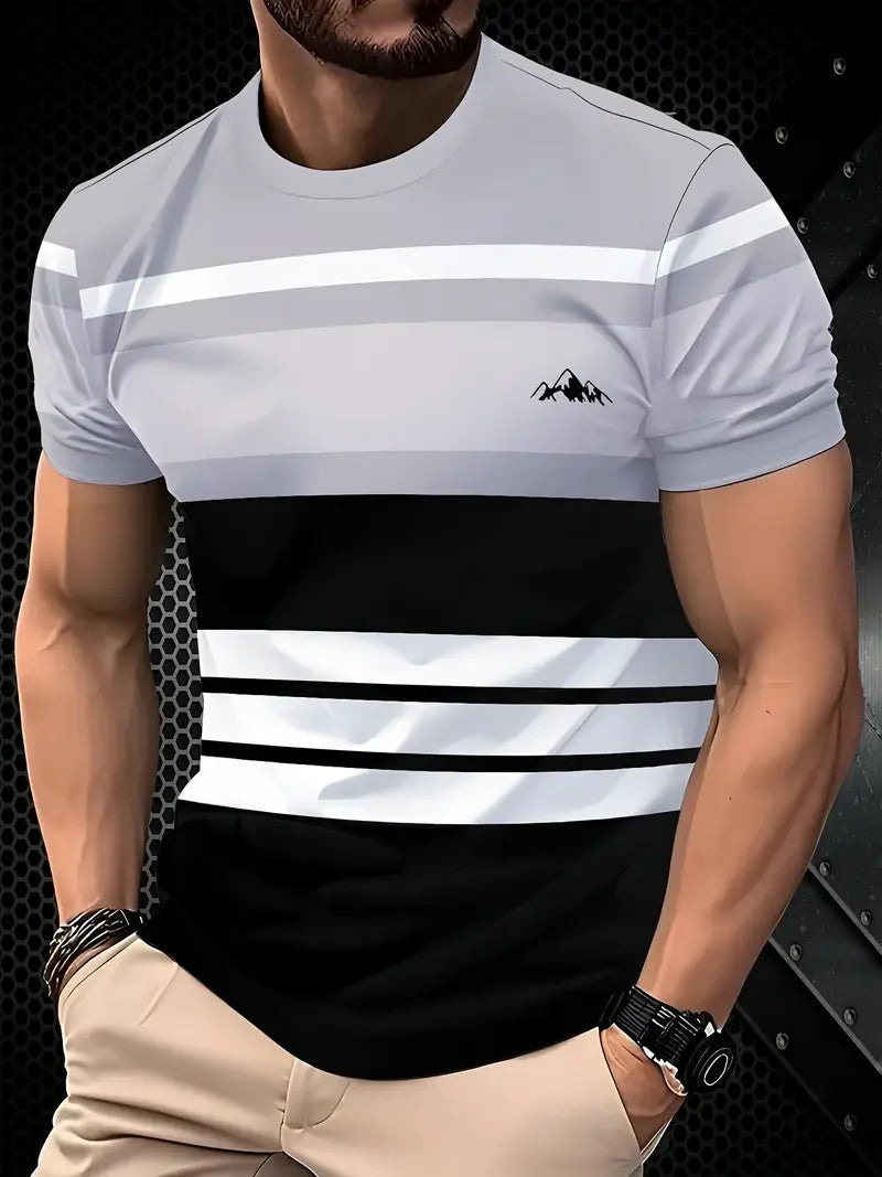 Summer Classic Men's T-shirt Outdoor Round Neck Short Sleeve Top Stripe Print Street Loose T-Shirt Male Oversized Clothing