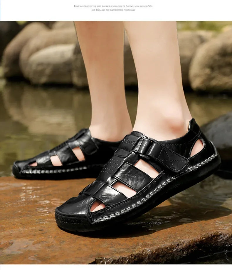 New Genuine Leather Men's Beach Large Size 38-48 Breathable Sandals Retro Handsewn Baotou Casual Fashion Handmade Shoes