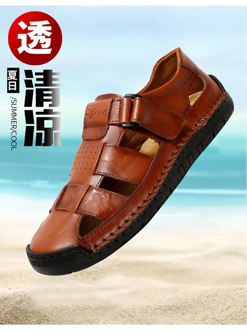 New Genuine Leather Men's Beach Large Size 38-48 Breathable Sandals Retro Handsewn Baotou Casual Fashion Handmade Shoes