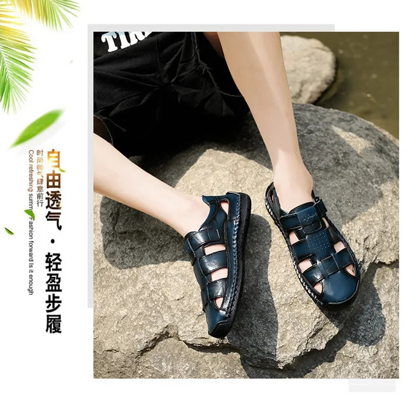 New Genuine Leather Men's Beach Large Size 38-48 Breathable Sandals Retro Handsewn Baotou Casual Fashion Handmade Shoes