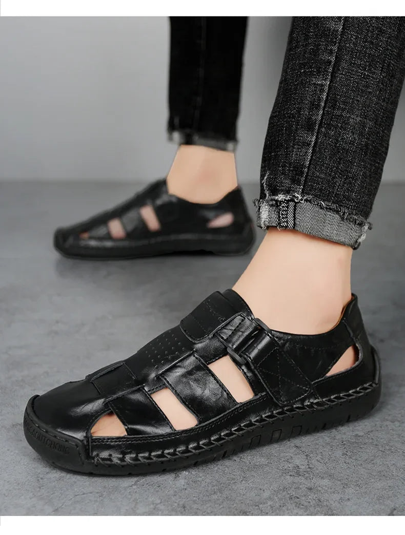 New Genuine Leather Men's Beach Large Size 38-48 Breathable Sandals Retro Handsewn Baotou Casual Fashion Handmade Shoes